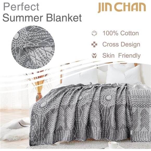 Boho 100% Cotton Blanket Muslin 50"x60" Lightweight 3-Layer Throw Blanket - Picture 3 of 7